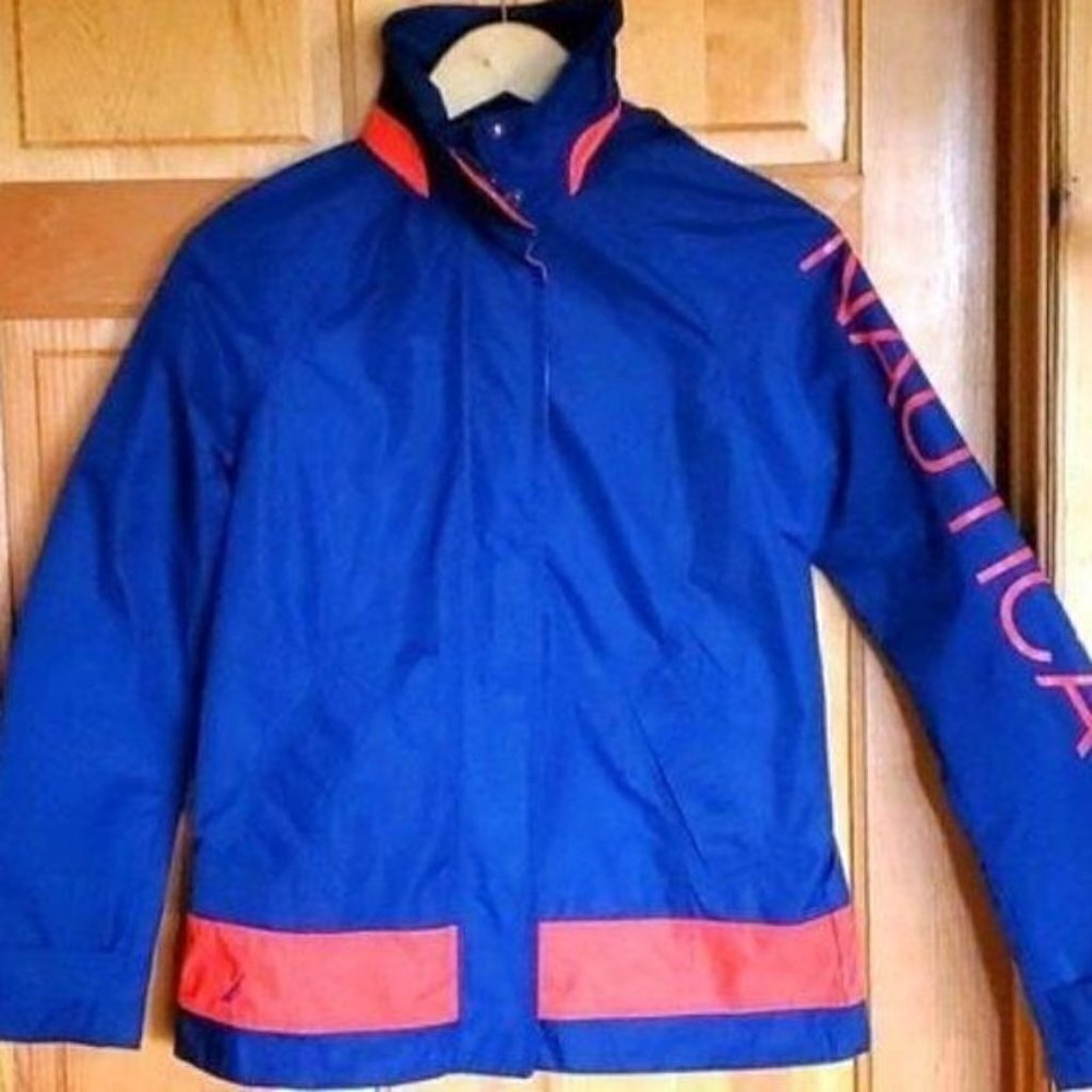 Nautica Womens Small Blue Coral Colorblock Windbreaker Jacket Sorona Logo Sleeve